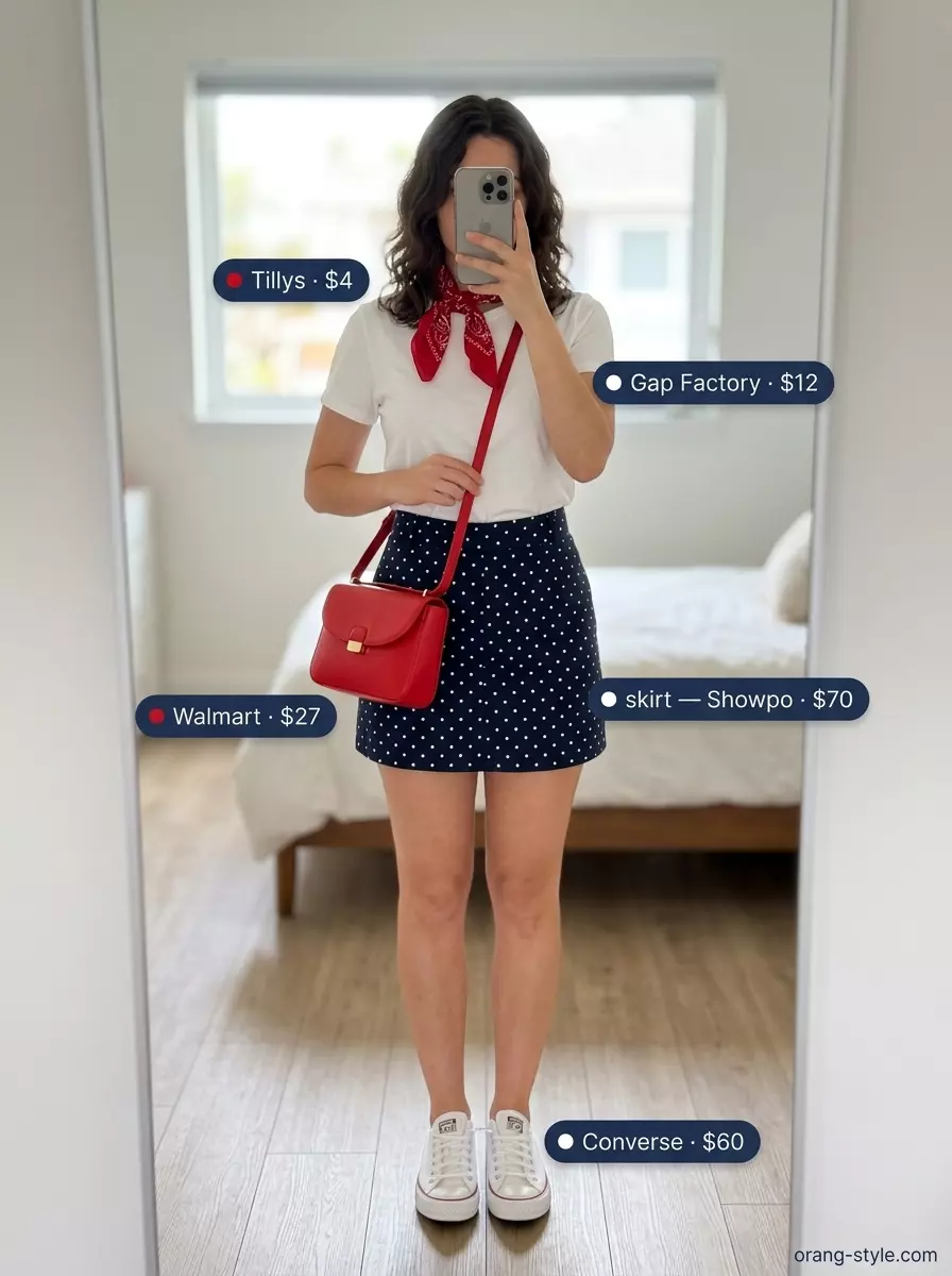 Playful navy polka dot bias cut mini skirt outfit for women 2026, with a white tee and canvas sneakers for a picnic.