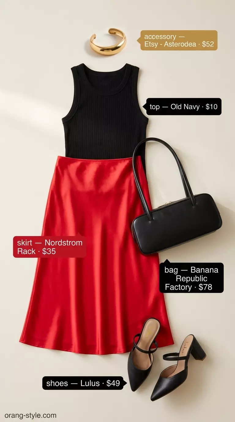 Bold red bias cut skirt outfit for women 2026, paired with a black tank and gold accessories for evening cocktails.
