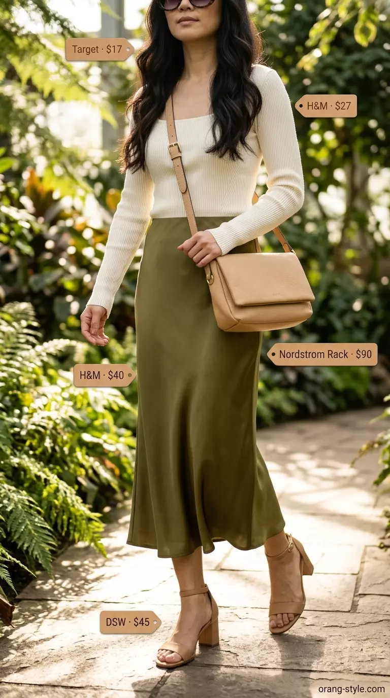 Retro vibes summer bias cut skirt outfit with olive skirt, ribbed top, tortoiseshell sunglasses.