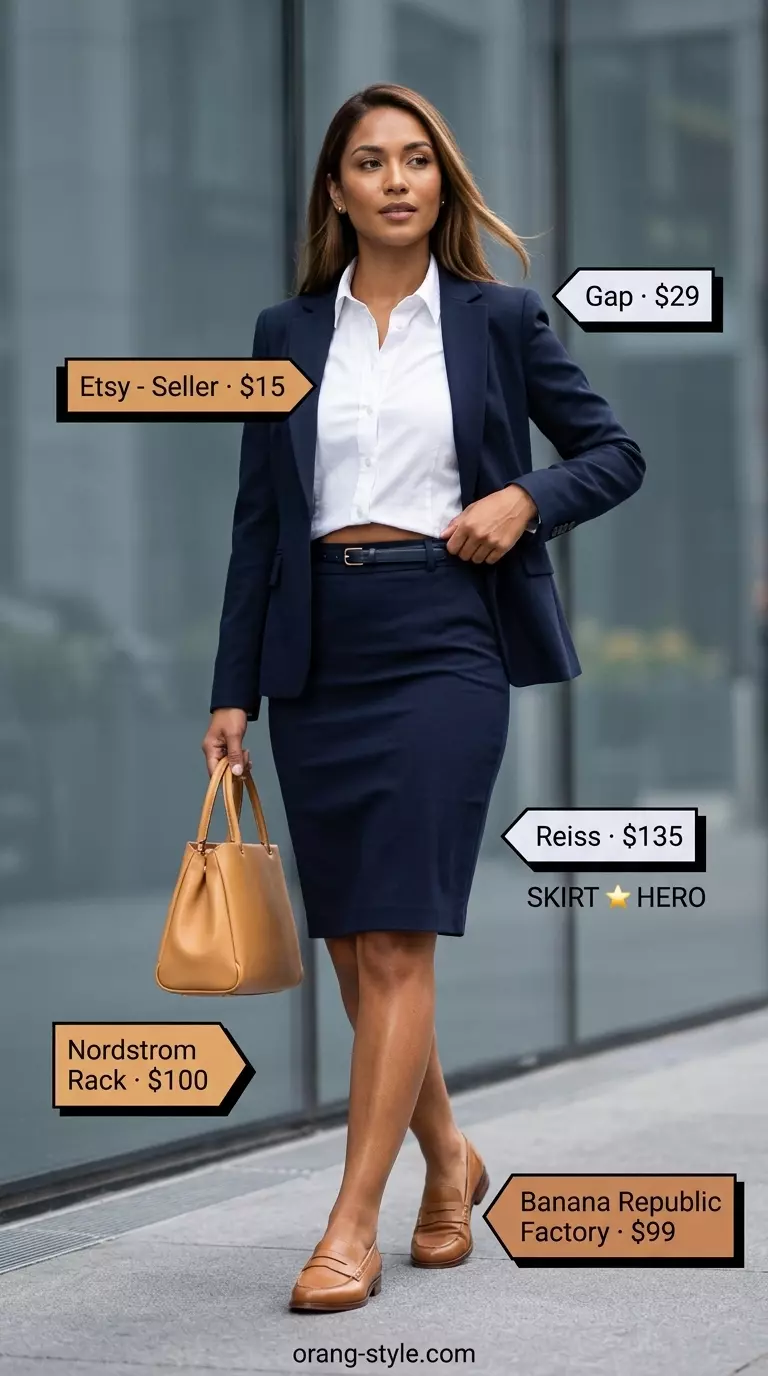 Tailored summer bias cut skirt outfit with navy skirt, crisp white shirt, loafers, and satchel.