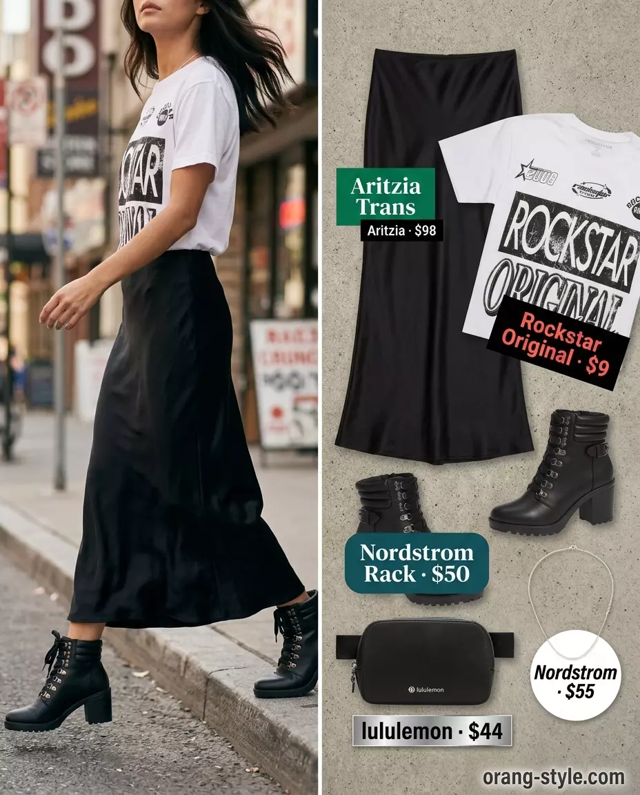 Edgy urban explorer bias cut skirt outfit with graphic tee, maxi skirt, belt bag, and combat boots.