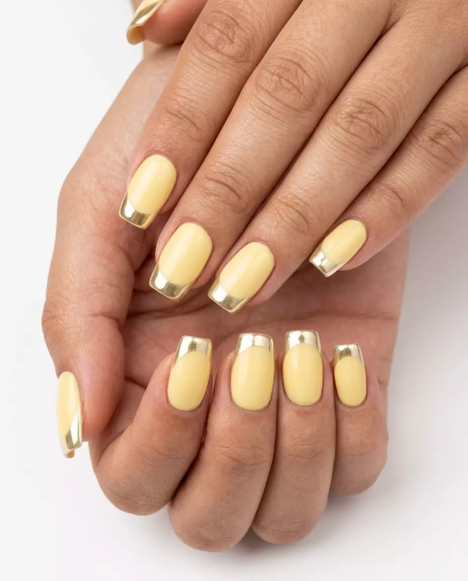 Summer Birthday Nails 2026: Butter Yellow Chrome French Butter Yellow Chrome French Tips: Chic soft yellow gel nails with mirror chrome French tips for summer birthday & date night.