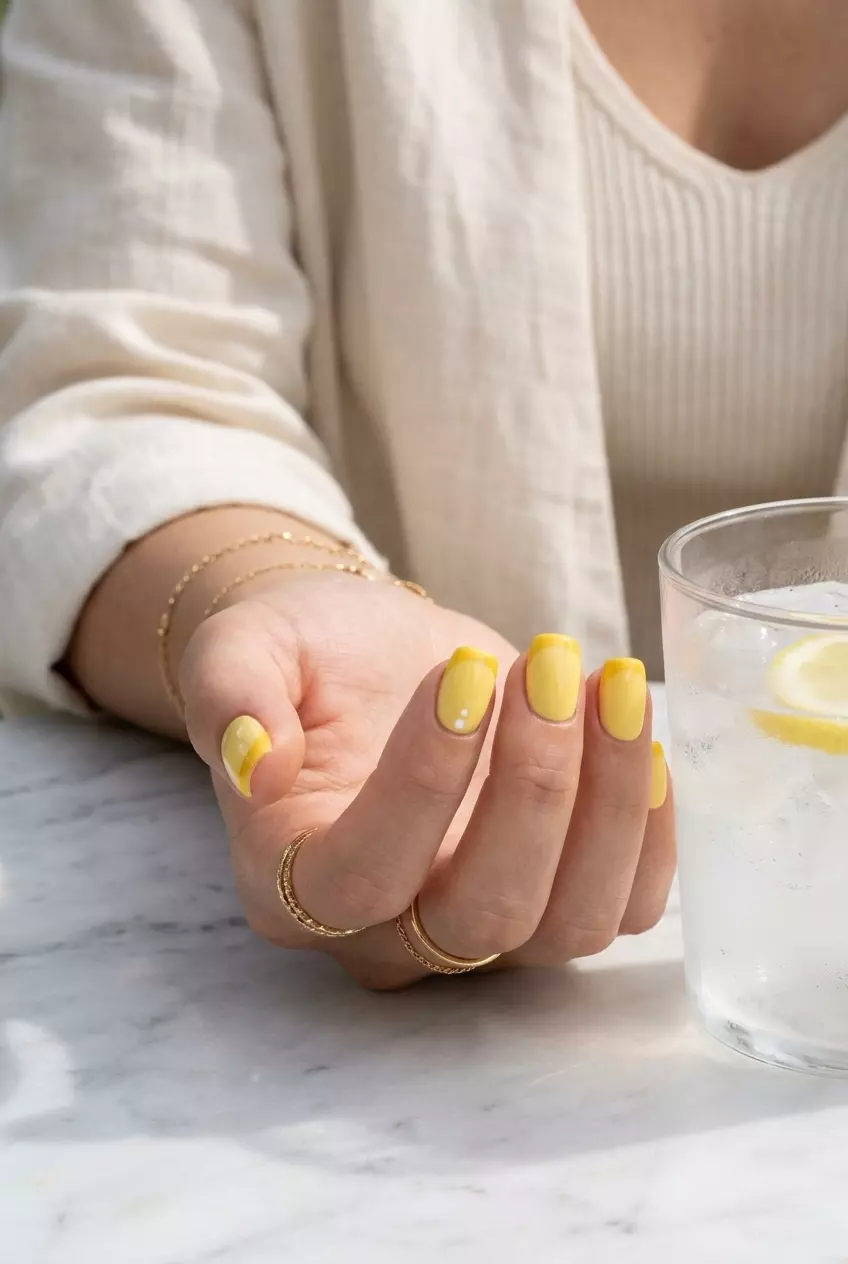 Butter Yellow French Tip Nails 2026 | Casual Birthday Butter yellow French tip nails with dot accents for summer birthday nails 2026. Playful, charming casual look.