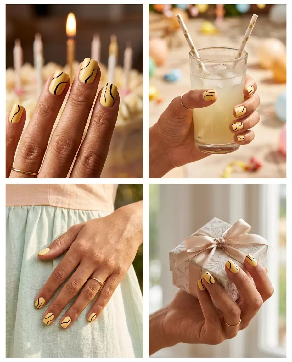 Butter Yellow Line Art Nails 2026 | Chic Birthday Butter yellow minimalist line art square nails for summer birthday nails 2026. Modern, chic casual look.
