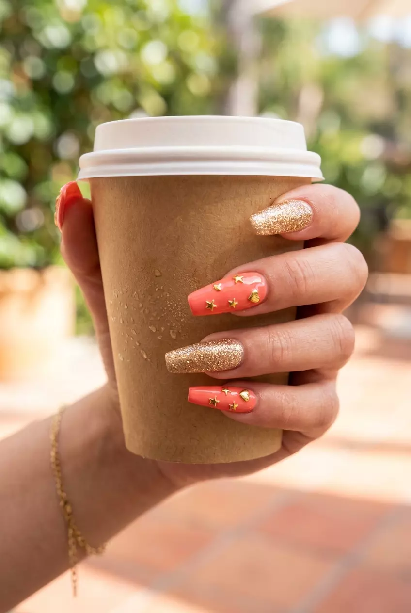 Coral Glitter Charm Nails 2026: Festival Birthday Coral 3D charms and glitter nails for summer birthday nails 2026. Whimsical, glamorous, celebratory long stiletto nails.