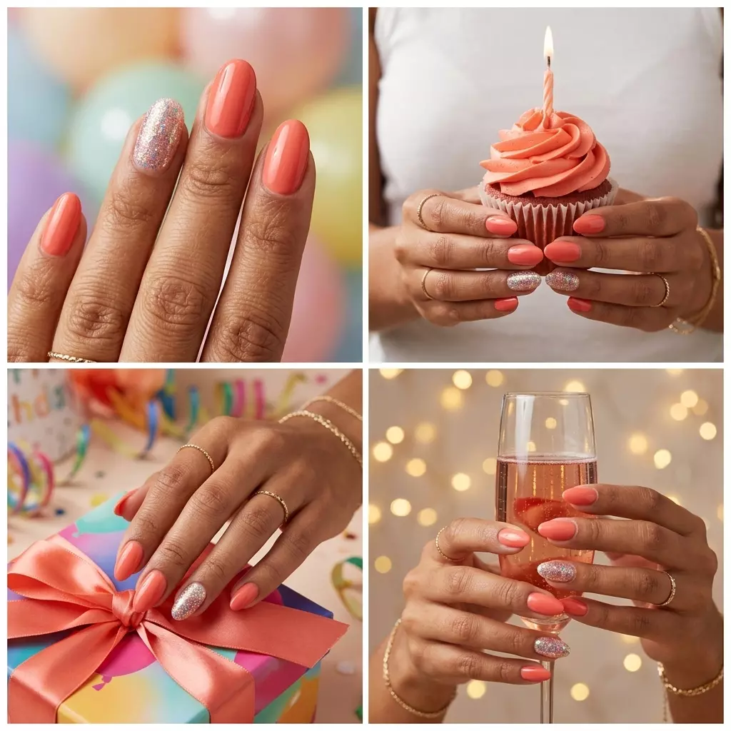 Coral Glitter Accent Nails 2026 Coral Glitter Pop Accent Nails: Vibrant coral gel with a dazzling iridescent glitter accent for summer birthday nails 2026.