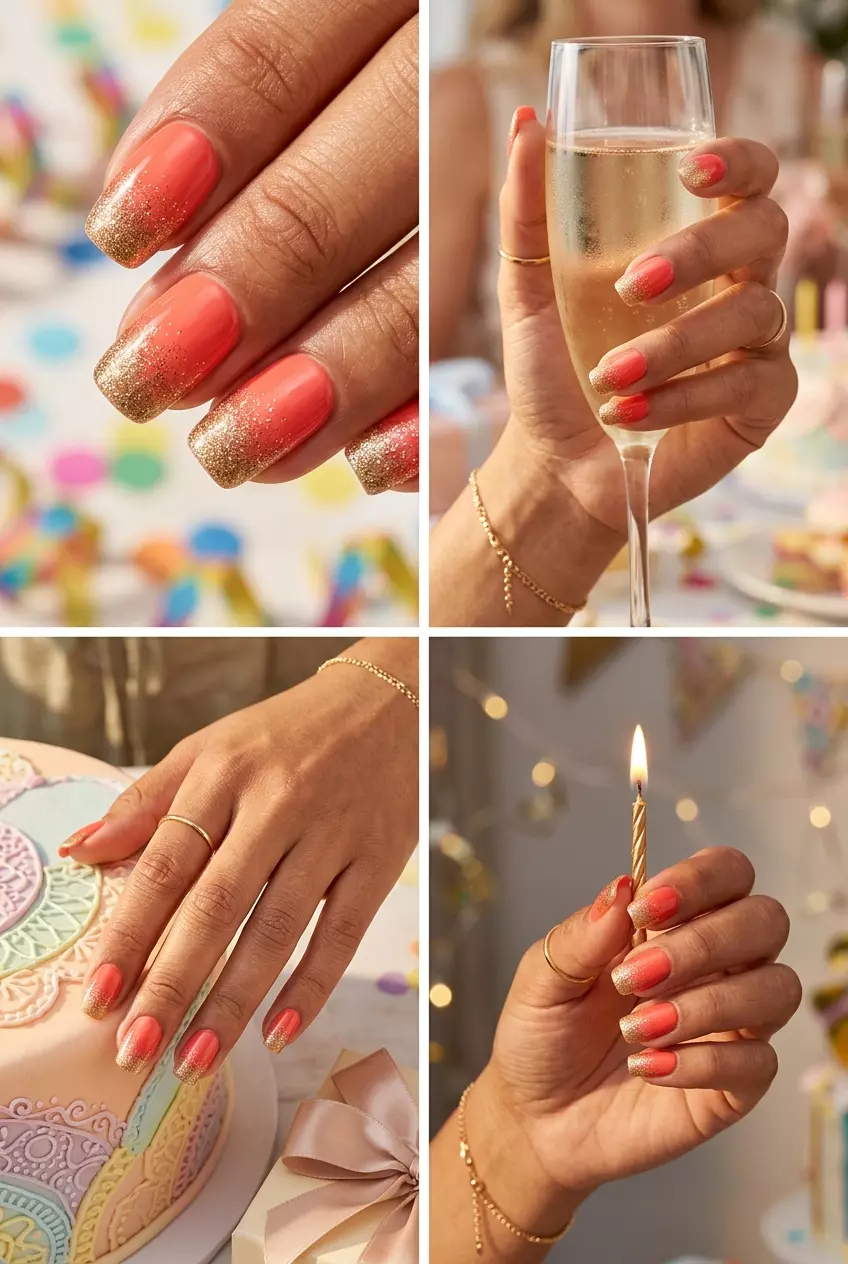 Coral Glitter Gradient Nails 2026: Birthday Glam Vibrant coral glitter gradient nails for summer birthday nails 2026. Festive, playful, glamorous coffin nails.