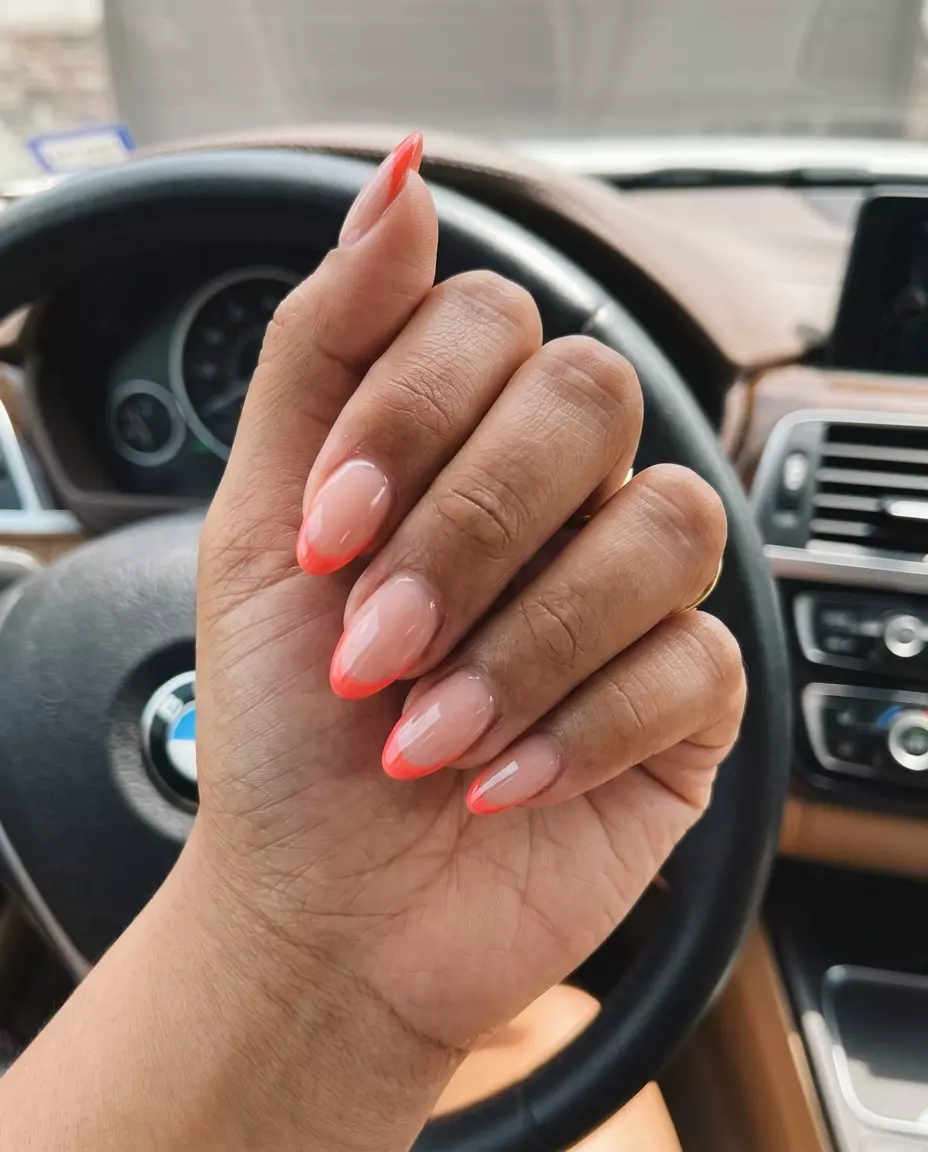 Coral Micro French Nails 2026 Coral Micro French Almond Chic for minimalist summer birthday nails 2026.