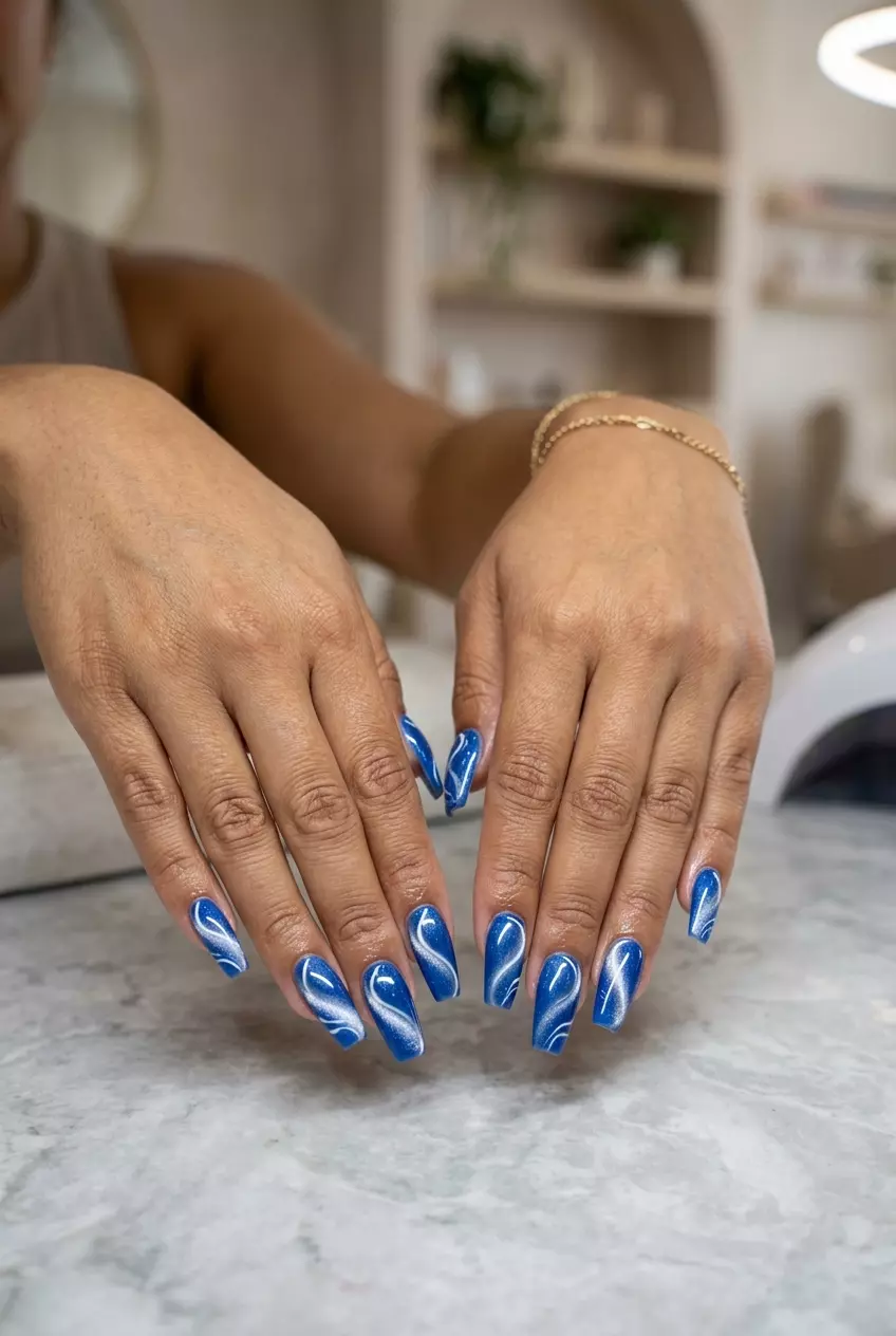 Electric Blue Cat-Eye Swirls 2026: Edgy Birthday Electric blue cat-eye swirls for summer birthday nails 2026. Sultry, edgy, artistic medium coffin nails.