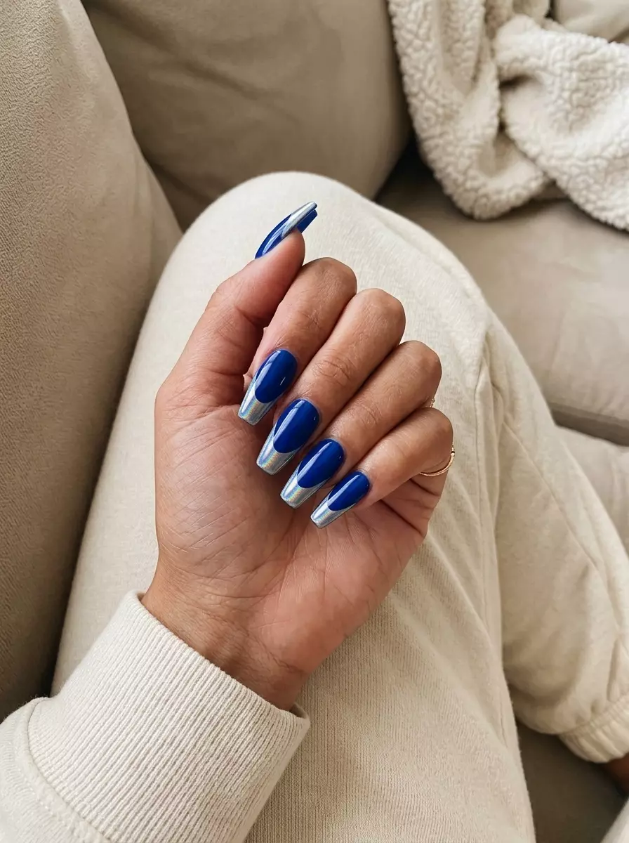 Electric Blue Chrome Tip Nails 2026 | Futuristic Party Electric blue chrome tip coffin nails for summer birthday nails 2026. Edgy, futuristic party look.