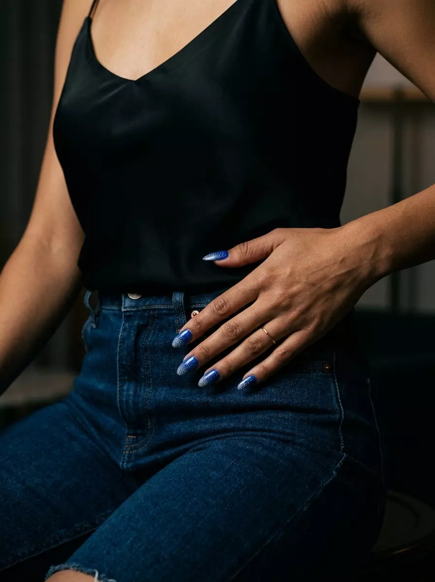 Electric Blue Glitter Nails 2026 | Party & Night Out Electric blue glitter gradient almond nails for summer birthday nails 2026. Bold, party-ready gel polish.
