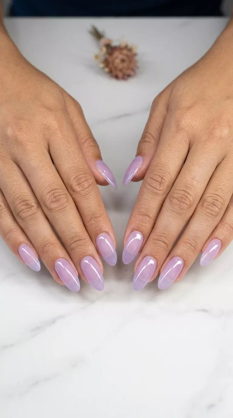 Lavender Jelly Glass Nails 2026: Romantic Birthday Lavender jelly glass nails for summer birthday nails 2026. Dreamy, ethereal, romantic long coffin nails.