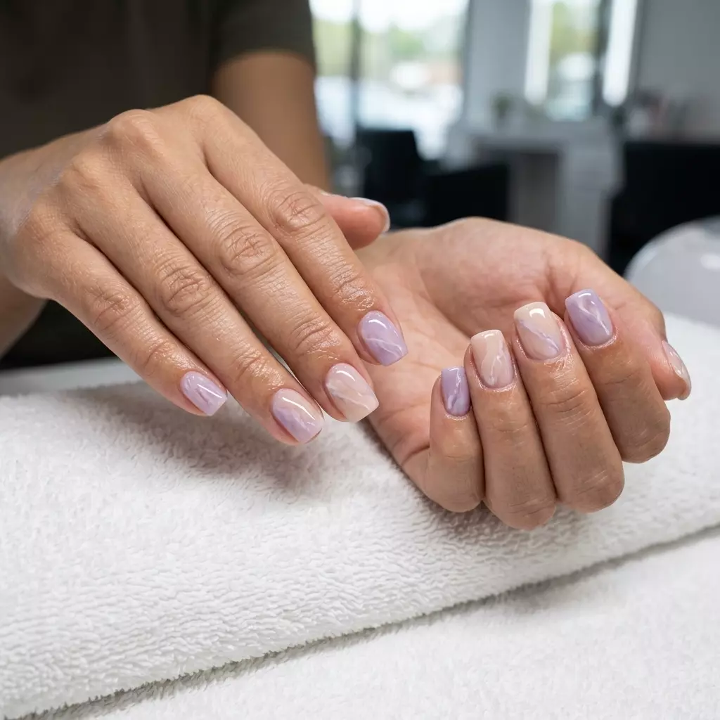 Lavender Marble Nails 2026 | Wedding Guest Style Lavender and nude marble coffin nails for summer birthday nails 2026. Sophisticated, elegant daytime event style.