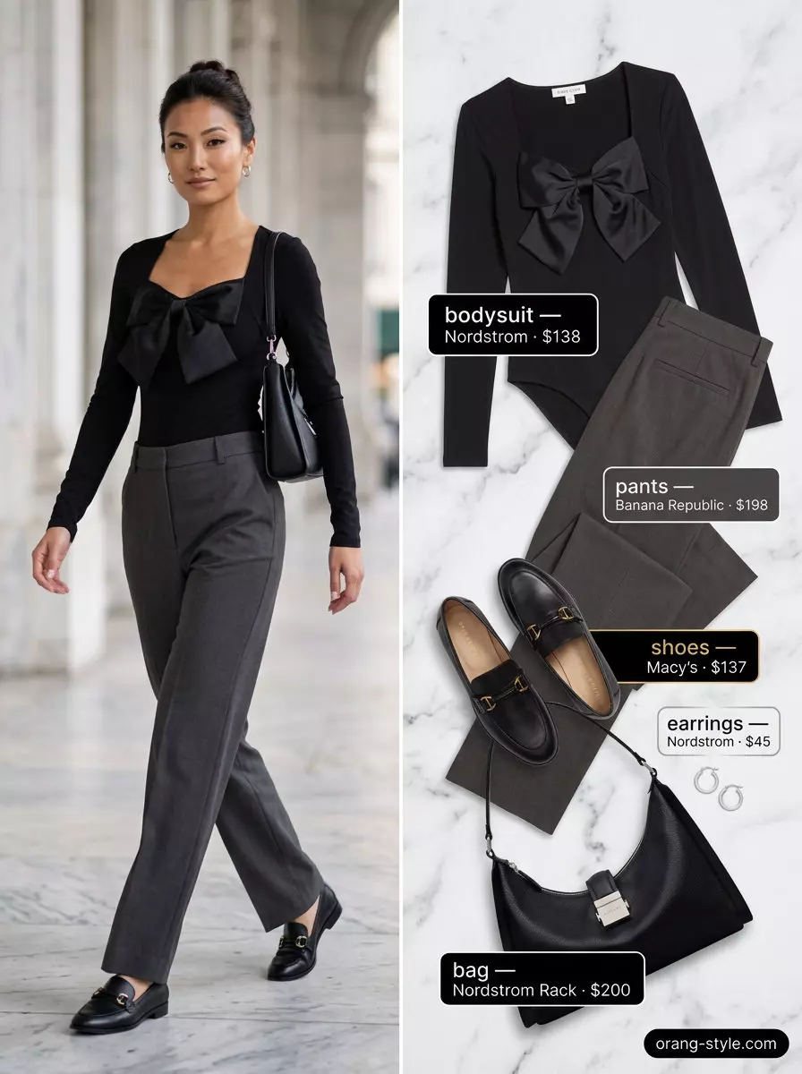 Chic black bow top outfit for women 2026, featuring tailored trousers and leather loafers for smart casual events.