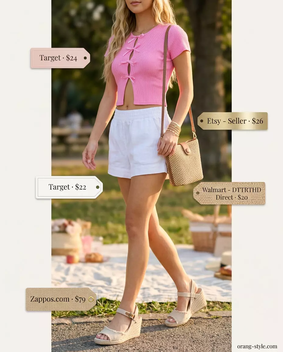 Blush pink cotton bow top with white flowy shorts for sweet picnic Summer Bow Top Outfits for Women 2026.