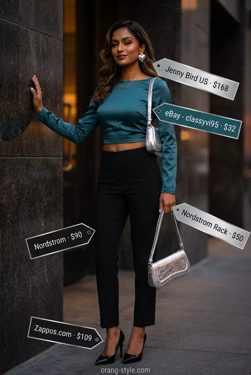 Bold Statement Bow Top Outfit for Women 2026: Emerald green top, black pants, silver accessories, night out.