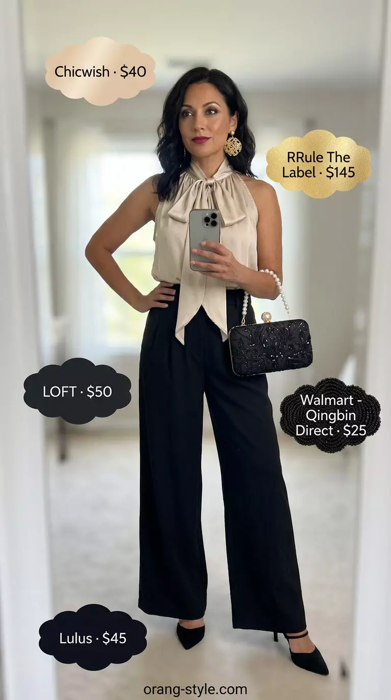 Champagne satin bow camisole top with black wide-leg trousers for elegant evening dinner Summer Bow Top Outfits for Women 2026.