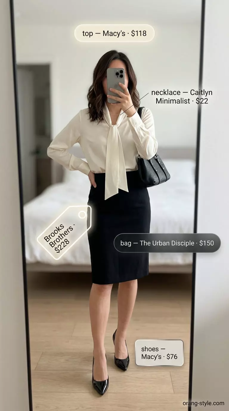 Polished City Explorer Bow Top Outfit for Women 2026: Cream blouse, black pencil skirt, silver jewelry.