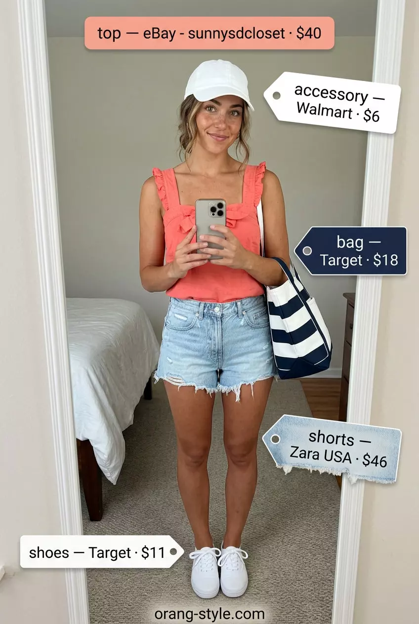 Coral cotton bow tank top with light wash denim shorts for casual beach day Summer Bow Top Outfits for Women 2026.