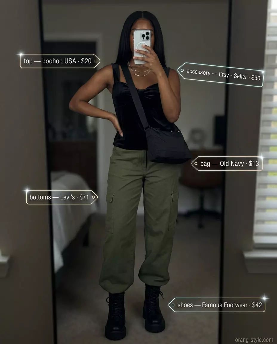 Edgy black bow top outfit for women 2026, with olive cargo pants and combat boots for street style.