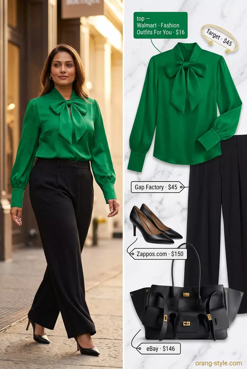 Emerald green silk bow top with black wide-leg trousers for sophisticated business casual summer outfits for women 2026.