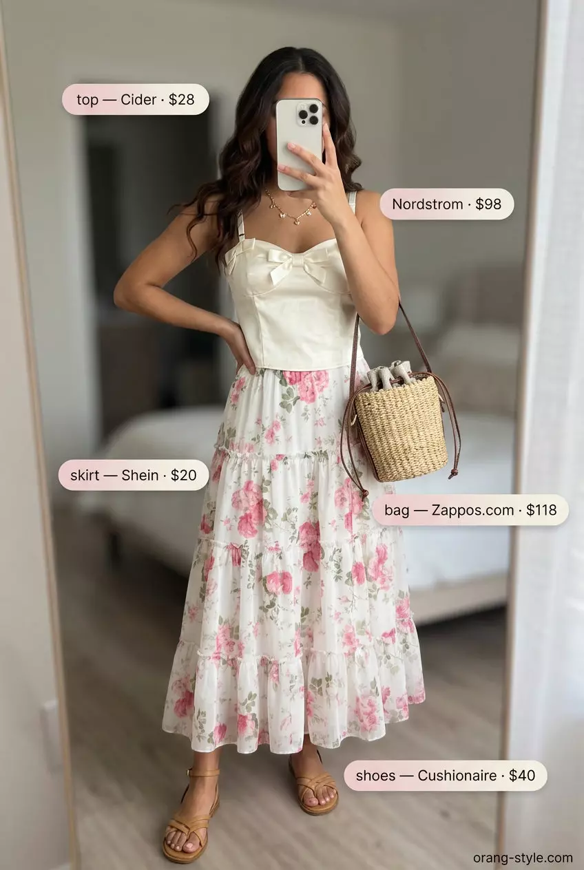White satin bow camisole top with floral maxi skirt for romantic garden party Summer Bow Top Outfits for Women 2026.