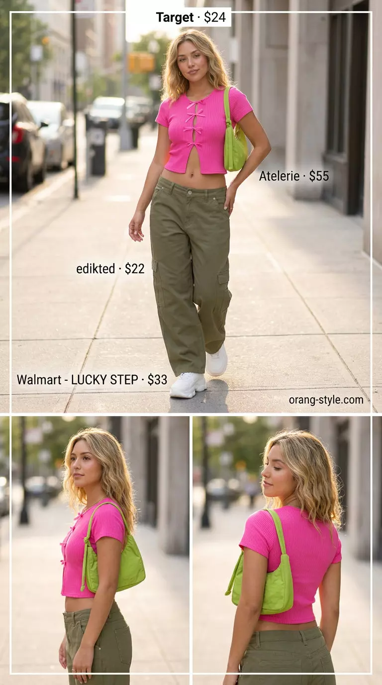 Hot pink ribbed bow crop top with olive green cargo pants for playful retro Summer Bow Top Outfits for Women 2026.