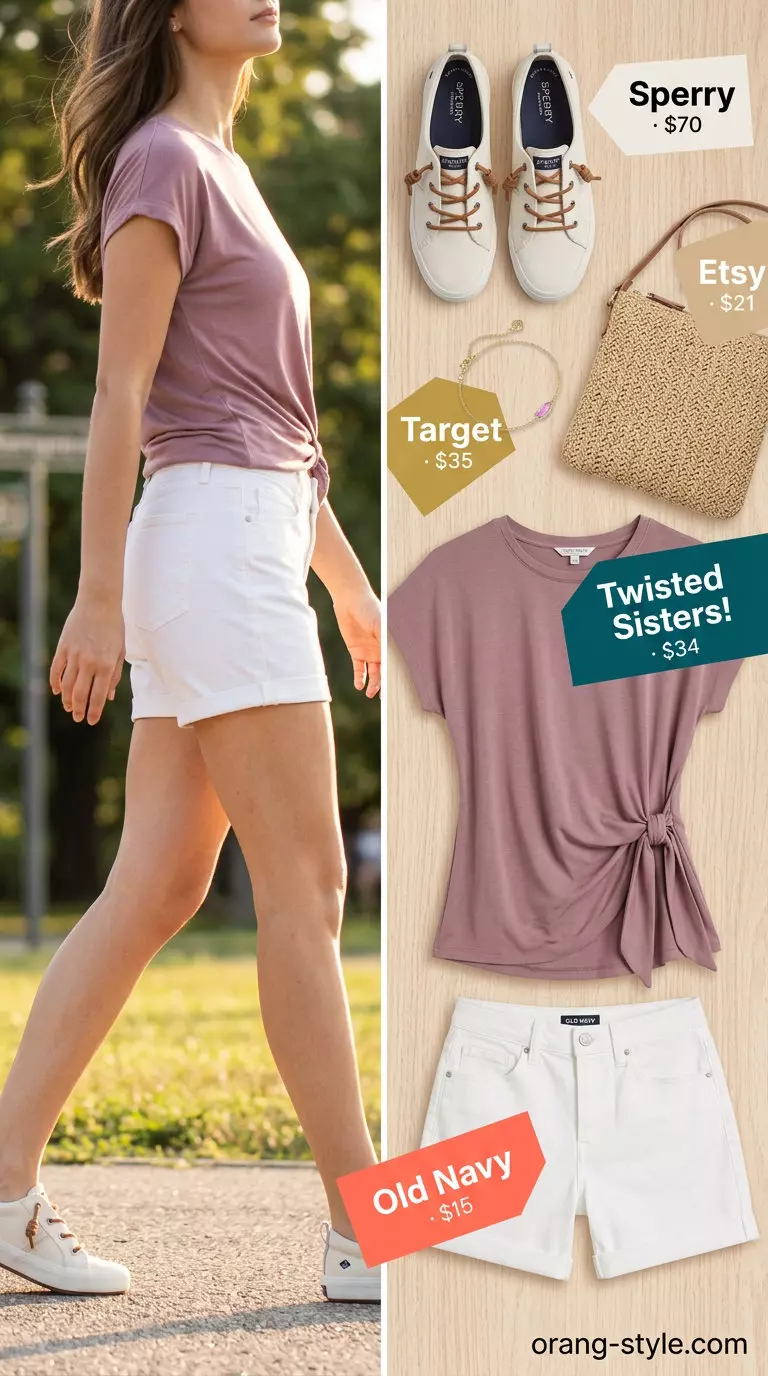 Sweet Picnic Perfect Bow Top Outfit for Women 2026: Pink top, denim shorts, straw bag, casual day out.