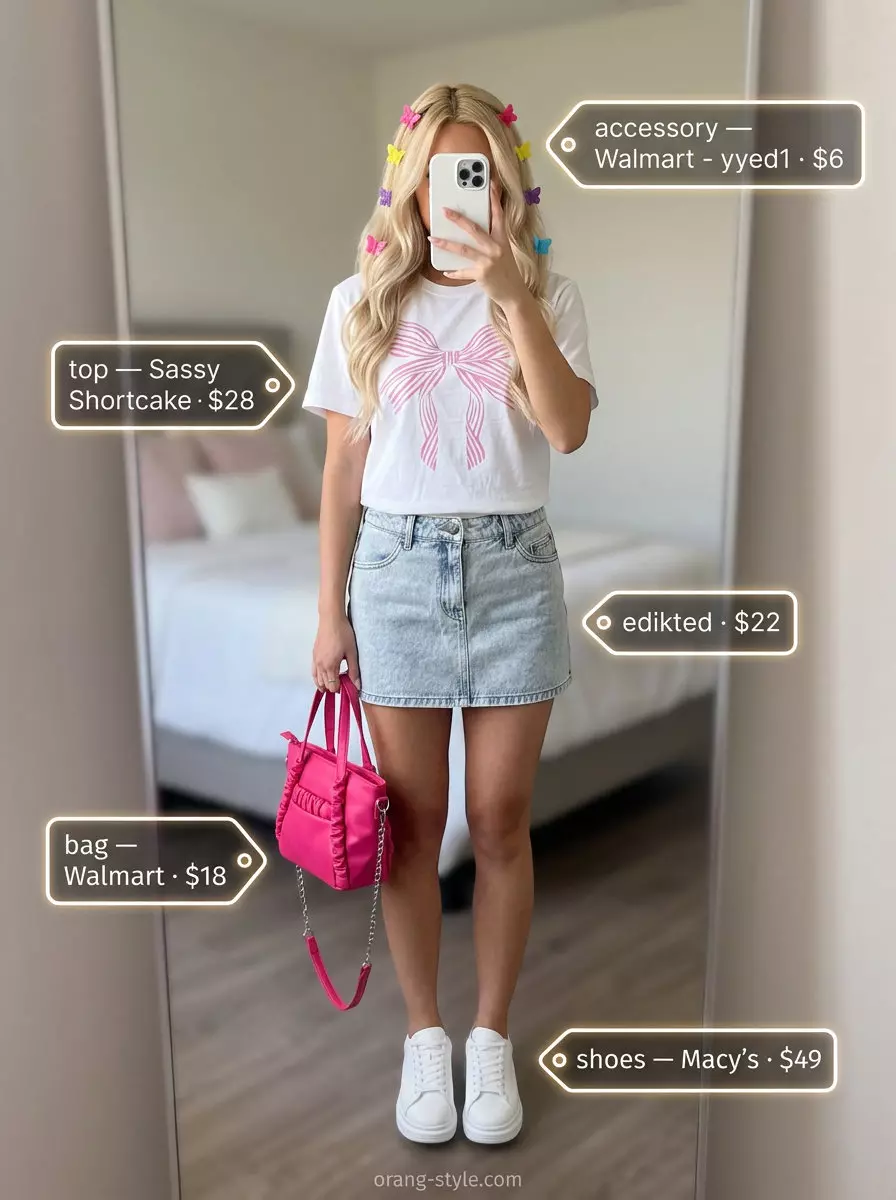 Playful white graphic tee with bow for women 2026, styled with a denim mini skirt and platform sneakers for a retro look.