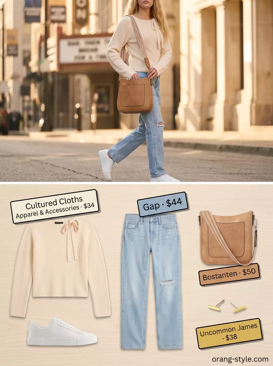 Casual Weekend Wanderer Bow Top Outfit for Women 2026: Cream sweater, light wash jeans, crossbody bag.