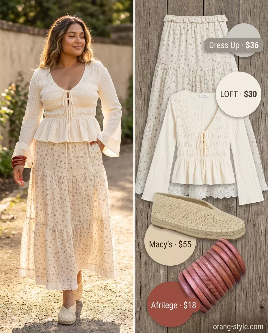Boho beach day outfit with white cotton bow peasant top and beige tiered maxi skirt for Summer Bow Top Outfits for Women 2026.