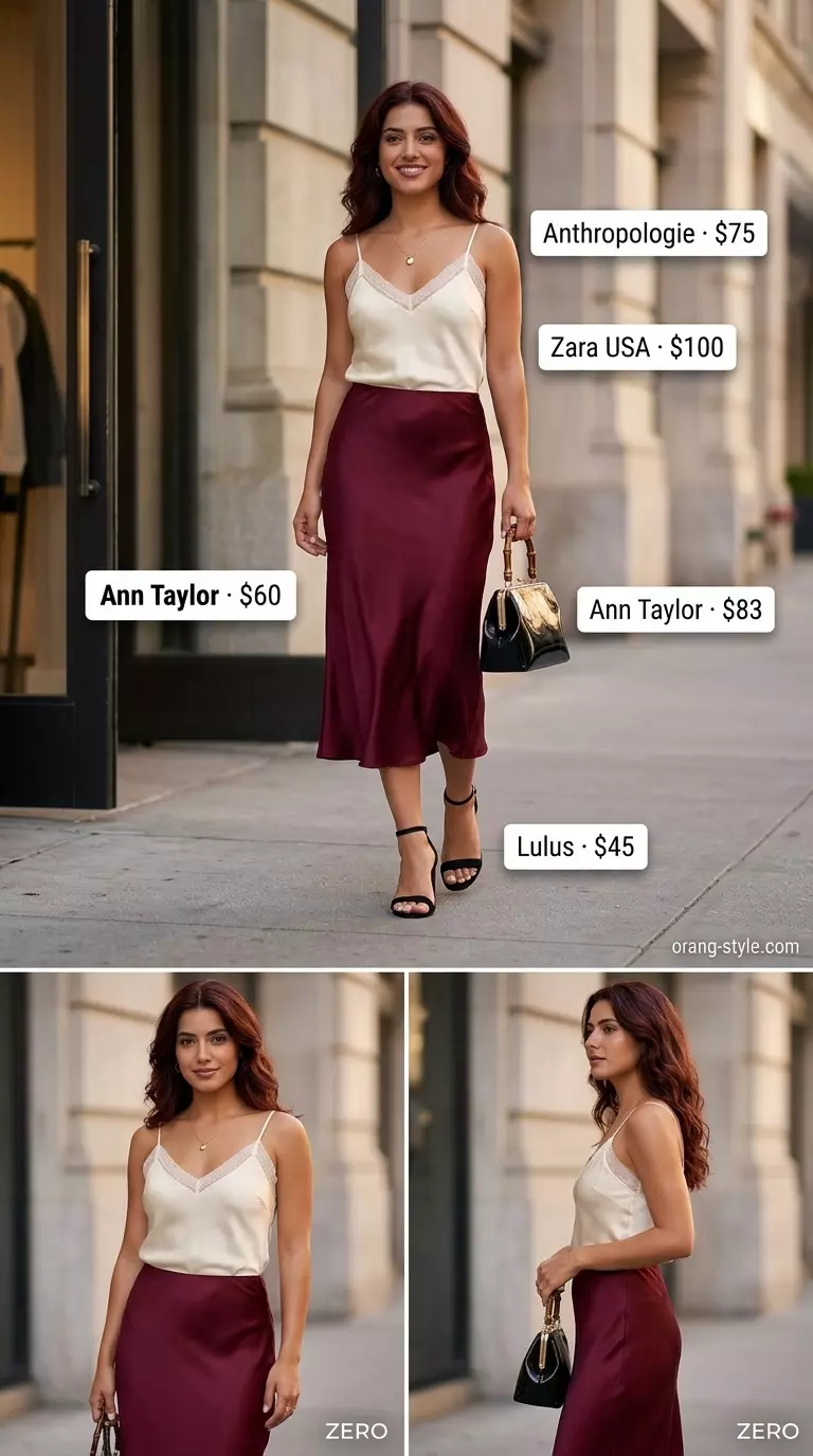 Summer Breezy Day Outfits for Women 2026: Burgundy satin midi skirt, cream camisole, black heels, top-handle bag for date night.