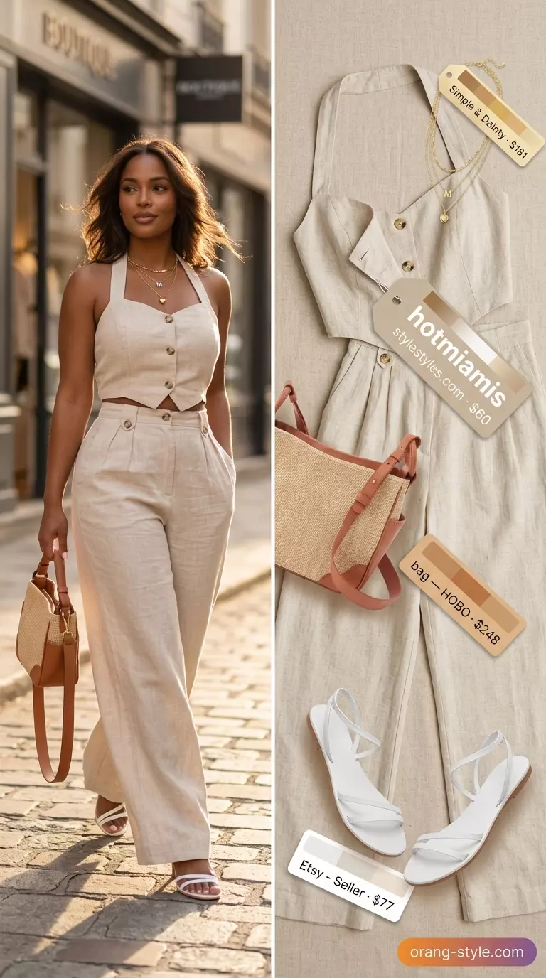 Summer Breezy Day Outfits for Women 2026: Linen set, straw crossbody, layered necklaces, leather sandals for a coastal brunch.