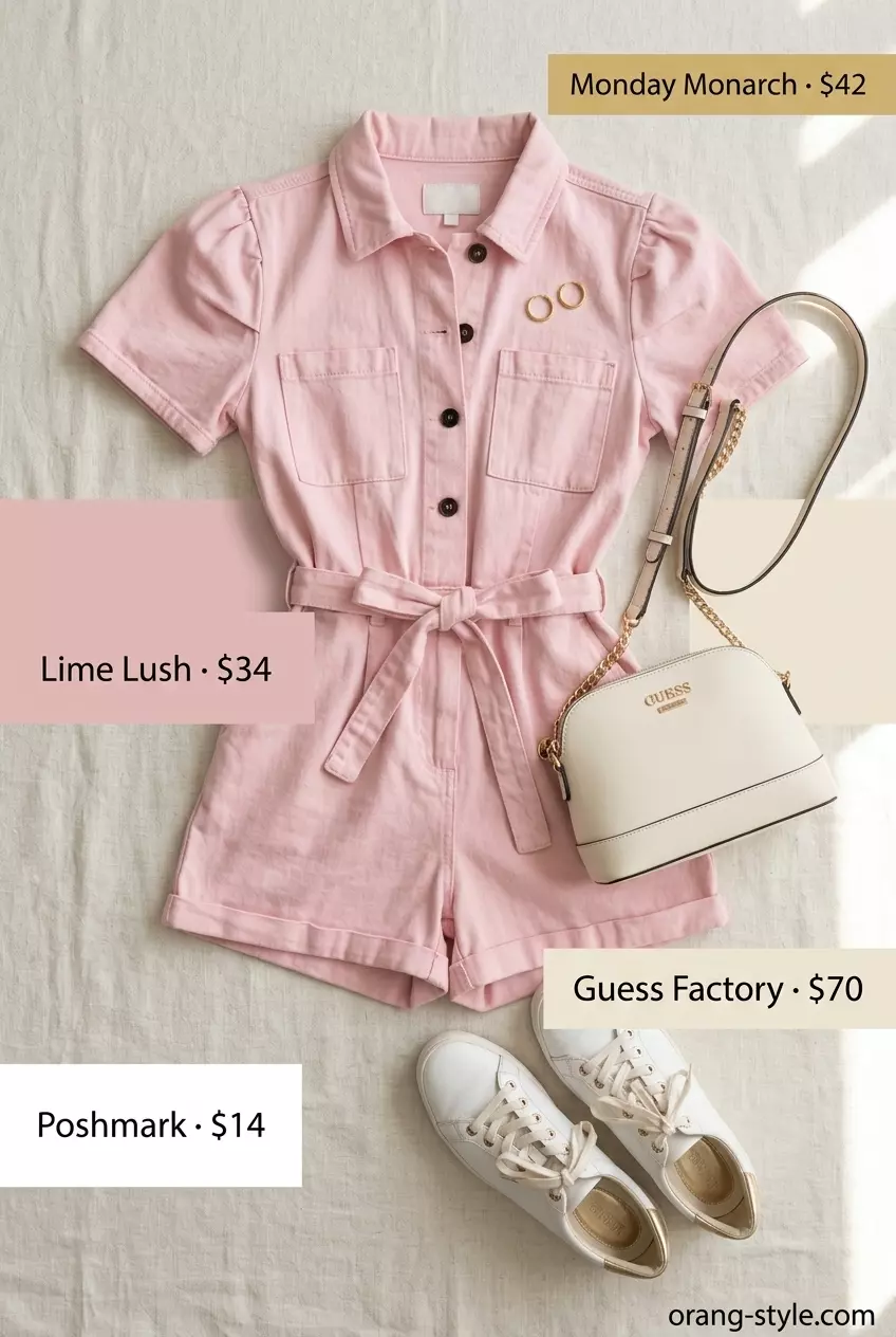 Summer Breezy Day Outfits for Women 2026: Blush pink romper, white sneakers with gold accents, white crossbody, gold earrings for a casual day.