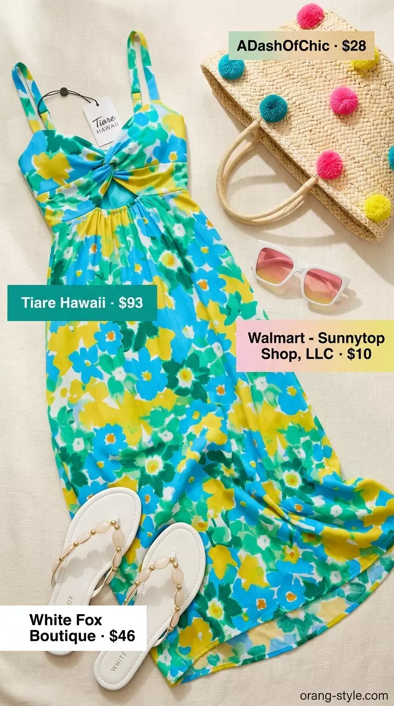 Summer Breezy Day Outfits for Women 2026: Teal tropical maxi dress, straw tote, embellished sandals, oversized sunglasses for vacation.