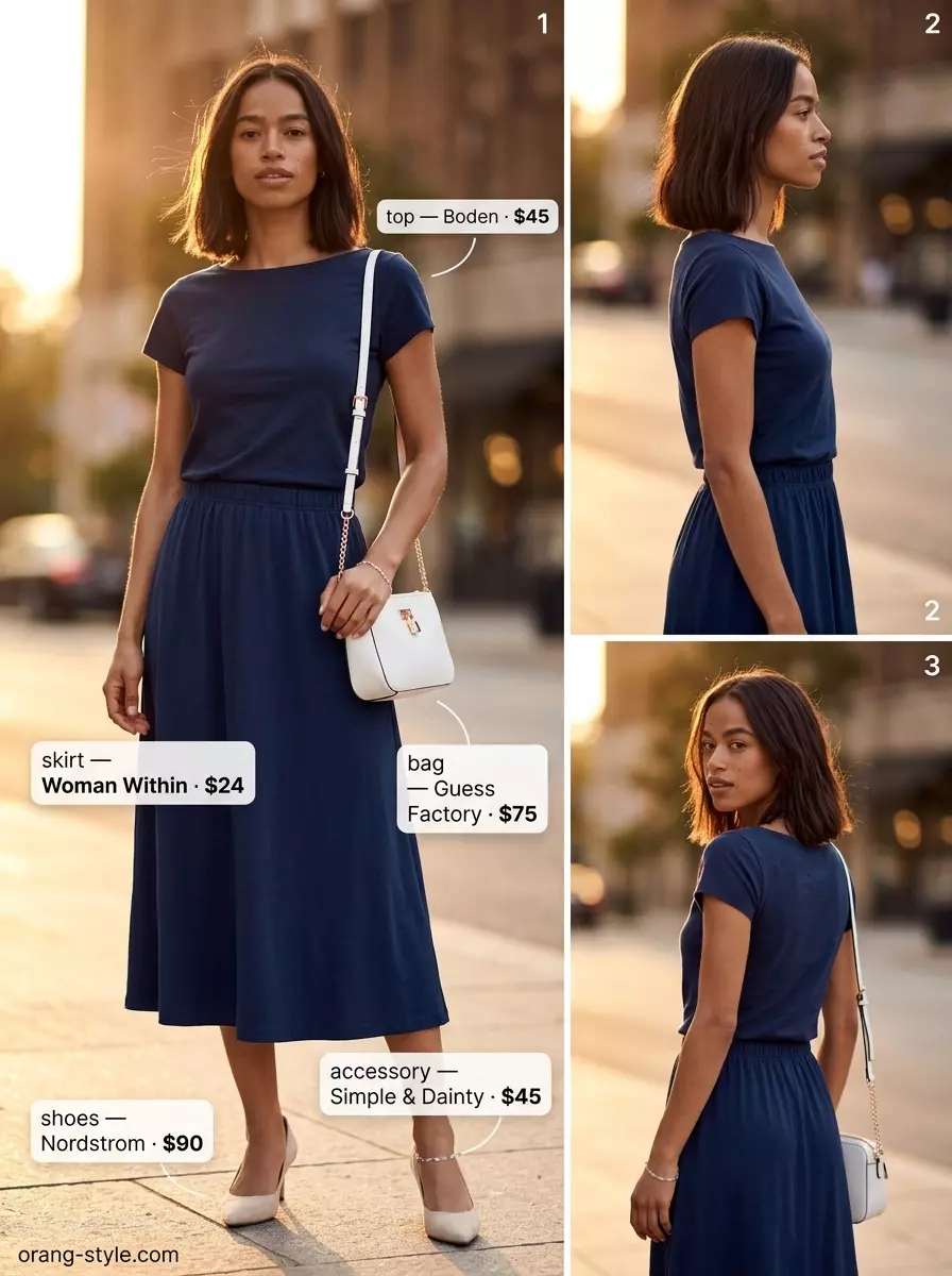 Summer Breezy Day Outfits for Women 2026: Navy knit top, navy midi skirt, nude heels, cream crossbody for a chic monochrome look.
