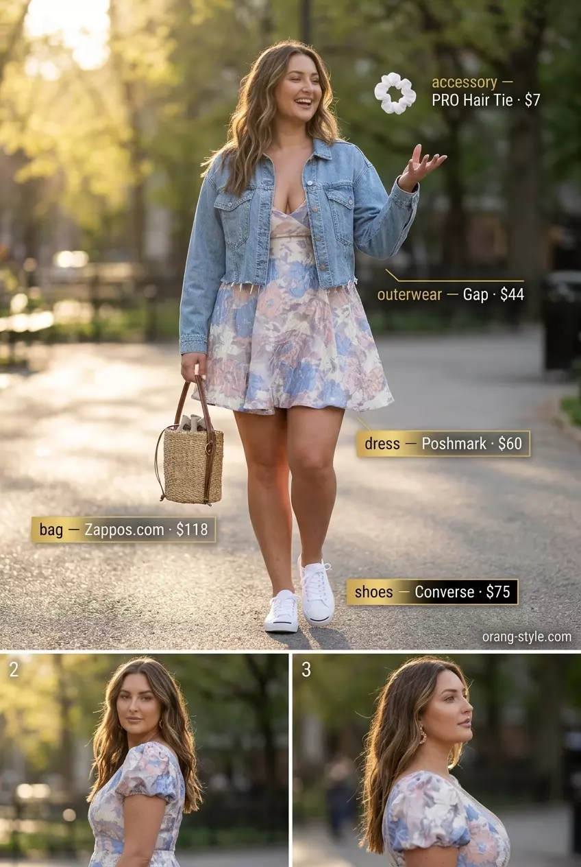 Summer Breezy Day Outfits for Women 2026: Floral mini dress, denim jacket, white sneakers, straw crossbody for a playful picnic.