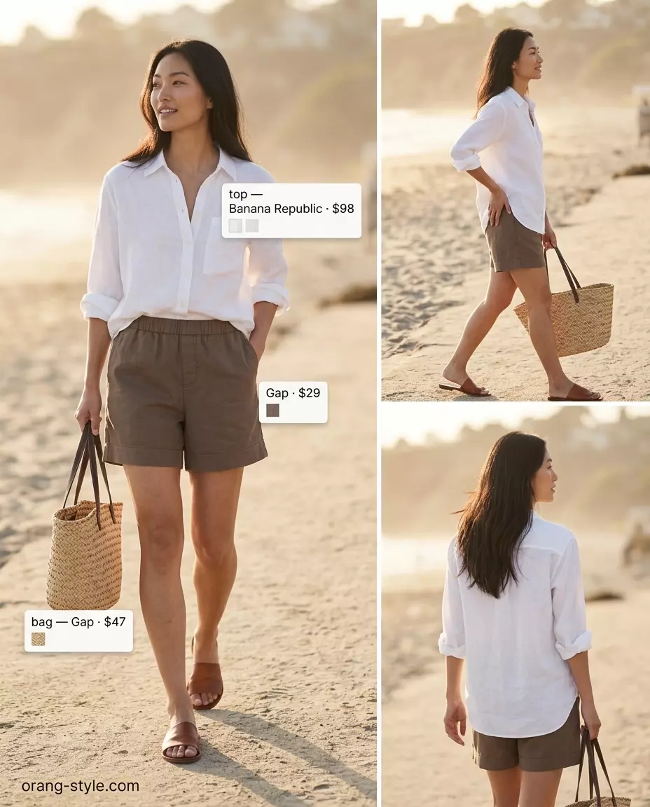 Summer Breezy Day Outfits for Women 2026: White linen shirt, khaki linen shorts, straw hat, tote bag, leather slides for a relaxed beach day.