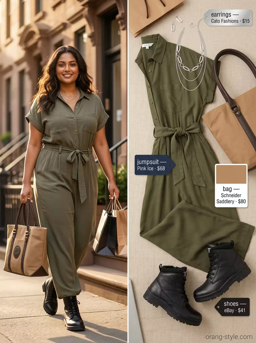 Summer Breezy Day Outfits for Women 2026: Olive utility jumpsuit, silver necklace, canvas tote, combat boots for a weekend adventure.