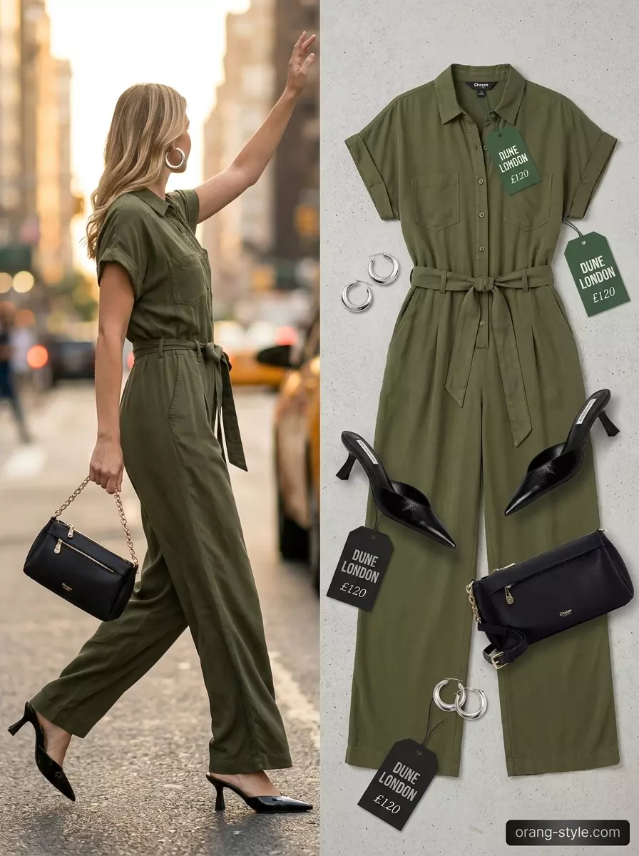 Summer Breezy Day Outfits for Women 2026: Olive green utility jumpsuit, black mules, silver earrings for city chic.