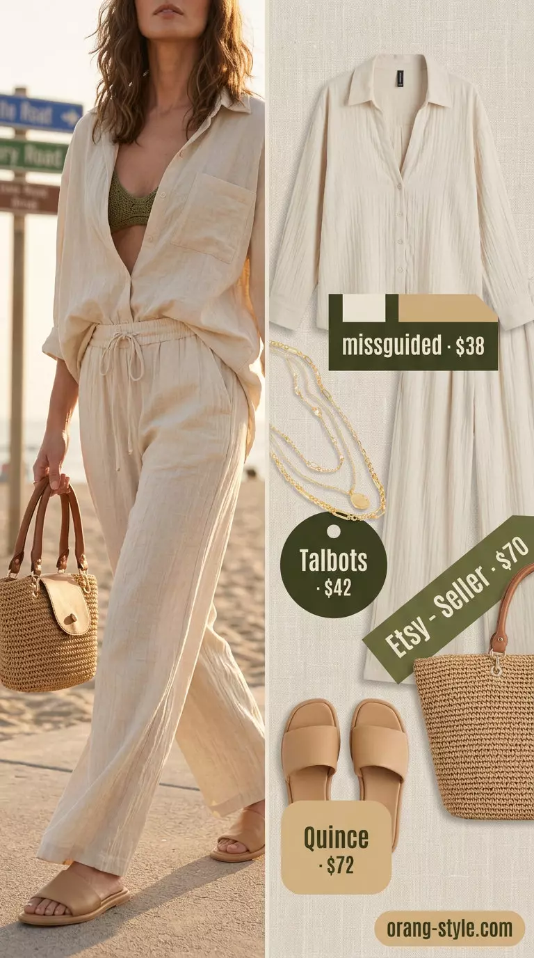 Summer Breezy Day Outfits for Women 2026: Cream linen set, straw tote, leather slides for relaxed chic vacation style.