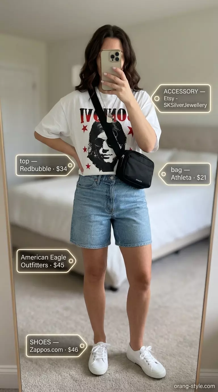 Denim shorts and graphic tee for Summer Breezy Day Outfits for Women 2026. Styled with sneakers & belt bag.