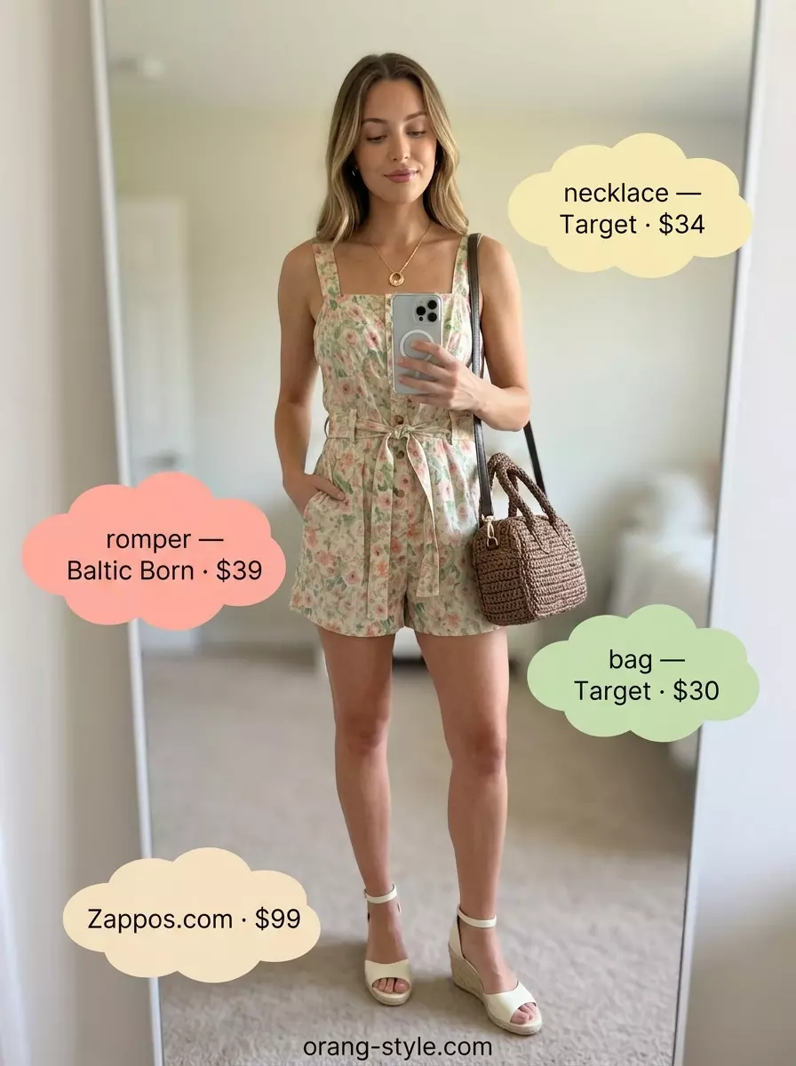 Coral pink floral romper for Summer Breezy Day Outfits for Women 2026. Styled with espadrilles & straw bag.