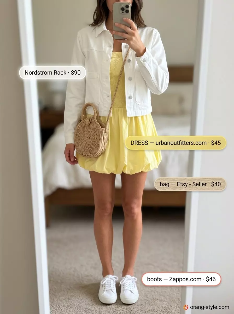 Summer Breezy Day Outfits for Women 2026: Lemon yellow sundress, white denim jacket, canvas sneakers for a playful day.