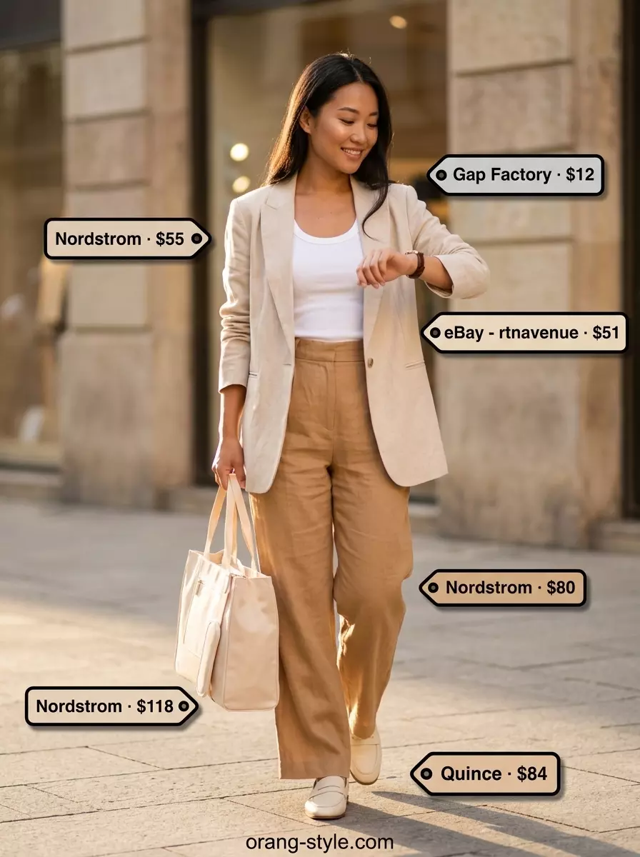 Camel linen pants and white tank for Summer Breezy Day Outfits for Women 2026. Layered with a beige blazer.