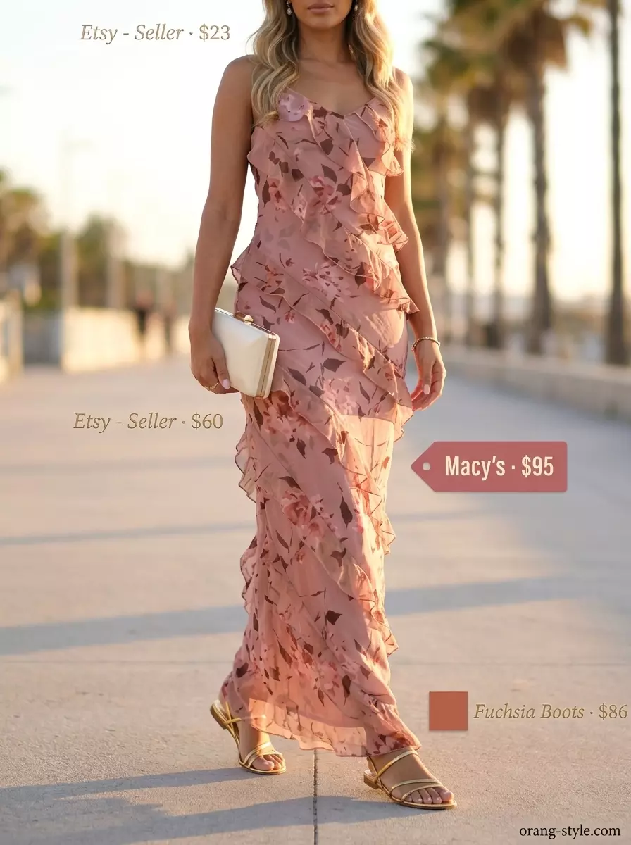 Blush pink floral maxi dress for Summer Breezy Day Outfits for Women 2026. Styled with gold sandals & clutch.