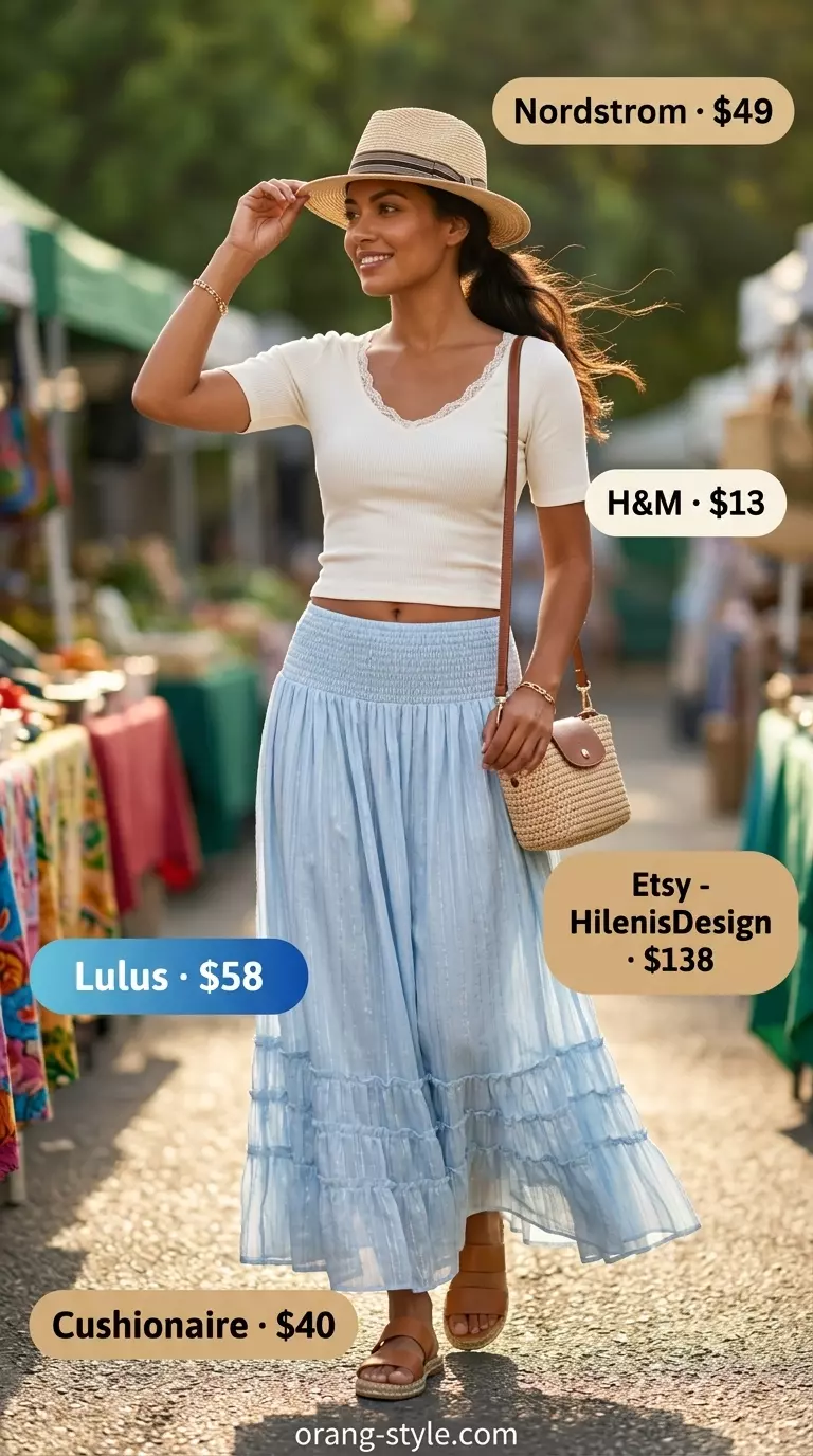 Summer Breezy Day Outfits for Women 2026: Pastel blue midi skirt, white crop top, straw hat for a fresh daytime look.