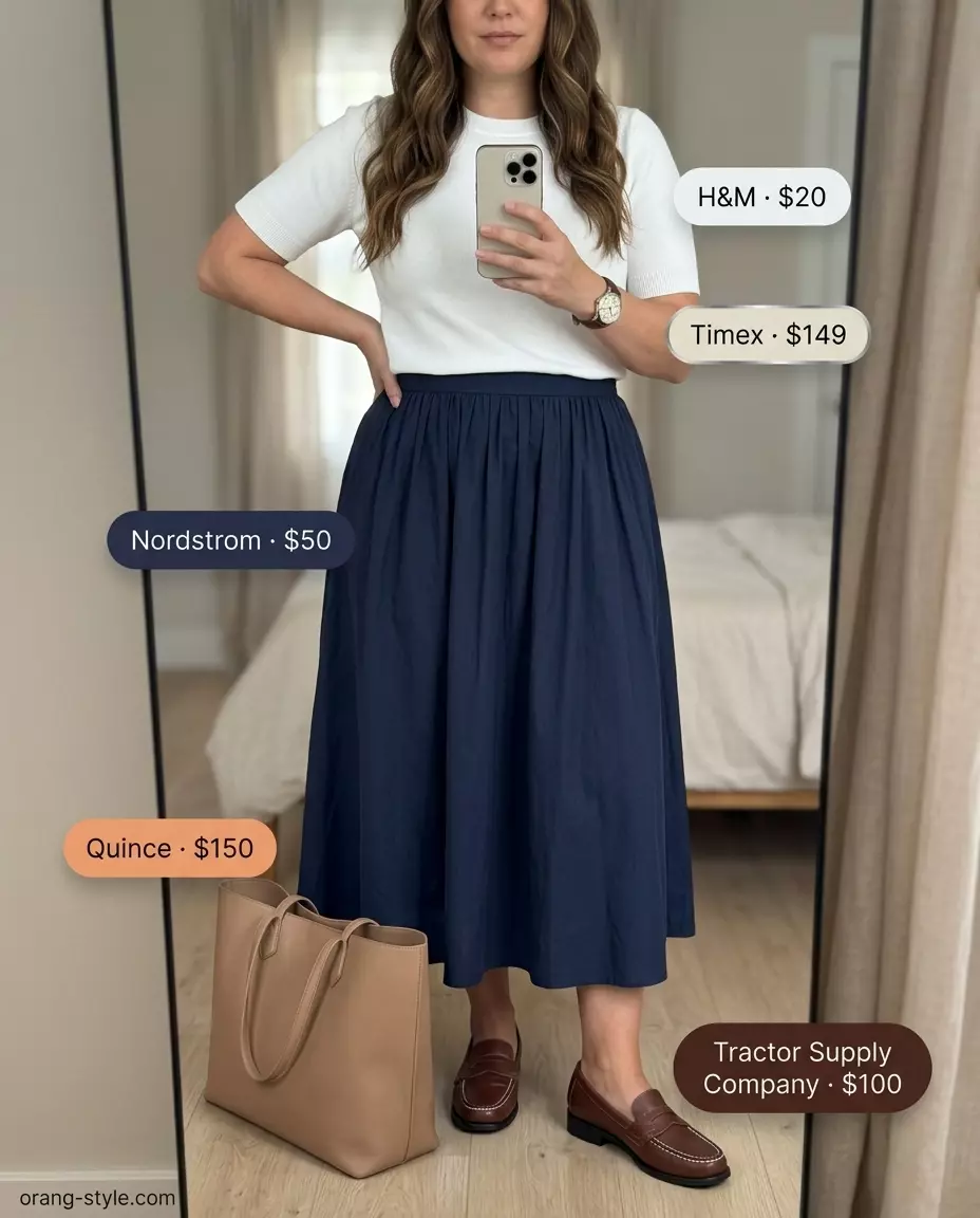 Navy midi skirt and white knit top for Summer Breezy Day Outfits for Women 2026. Styled with leather loafers.