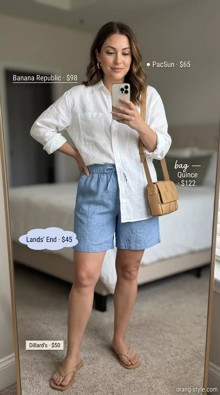 Summer Breezy Day Outfits for Women 2026: Light blue linen shorts, white linen shirt, leather sandals for casual comfort.