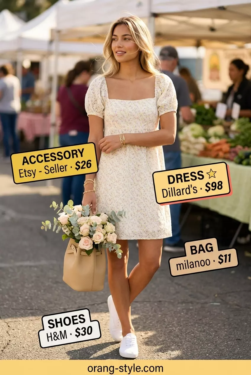 Summer Breezy Day Outfits for Women 2026: Yellow floral mini sundress, white sneakers, tan bucket bag for sunny fun.